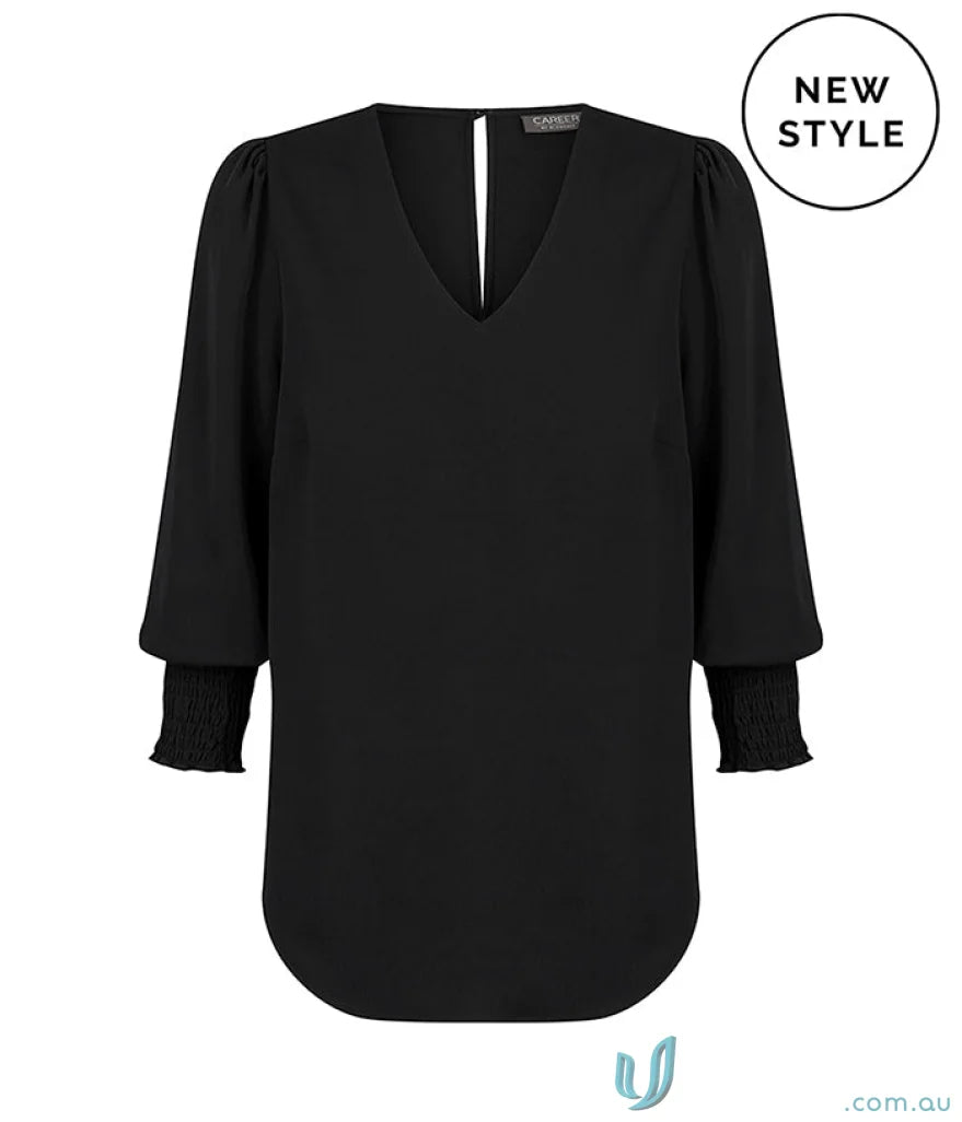 Black V-neck blouse with shirred cuff details from the Shirred Cuff Top collection