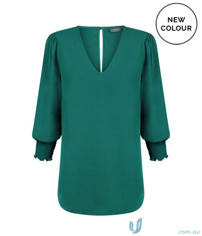 Emerald green V-neck blouse with shirred cuff detail from Shirred Cuff Top line