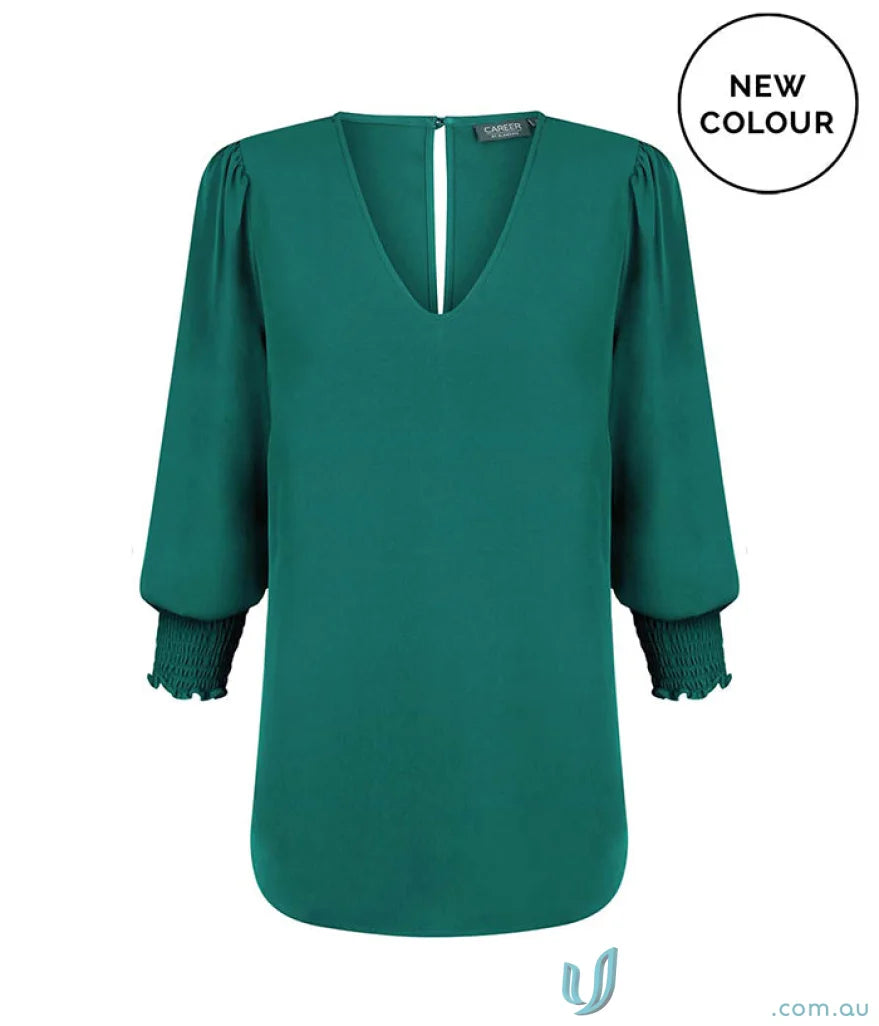 Emerald green V-neck blouse with shirred cuff detail from Shirred Cuff Top line