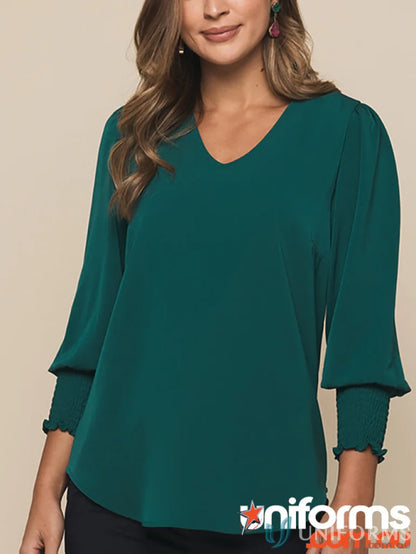 Emerald green V-neck blouse with shirred cuff details from Shirred Cuff Top collection
