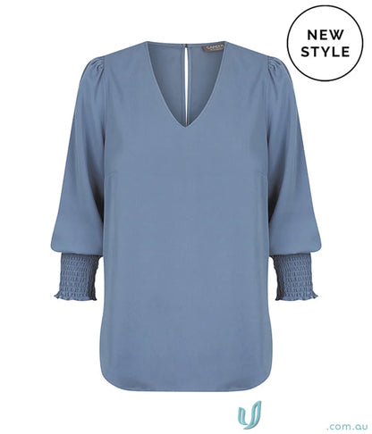 Blue V-neck blouse with neck shirred cuff for a stylish look in the Shirred Cuff Top