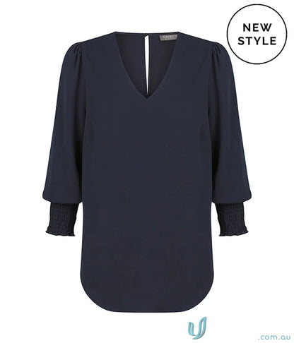 Navy v-neck blouse with shirred cuff and cuffed sleeves in the Shirred Cuff Top