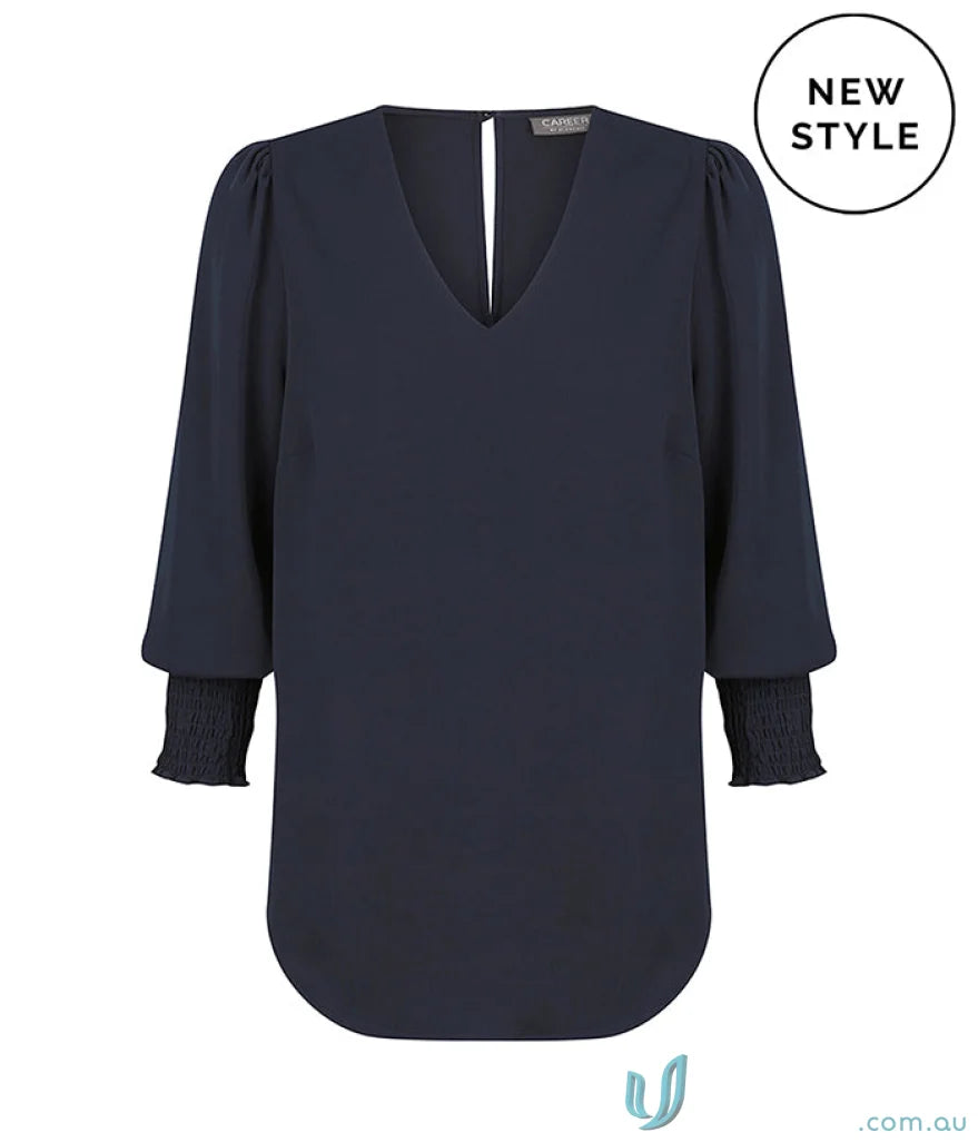 Navy v-neck blouse with shirred cuff and cuffed sleeves in the Shirred Cuff Top