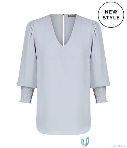 Light blue V-neck blouse with shirred cuff and neck shirred details from Shirred Cuff Top