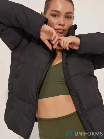 Black Short Puffer Onyx Jacket with cropped hem and elasticised trim for stylish uniforms