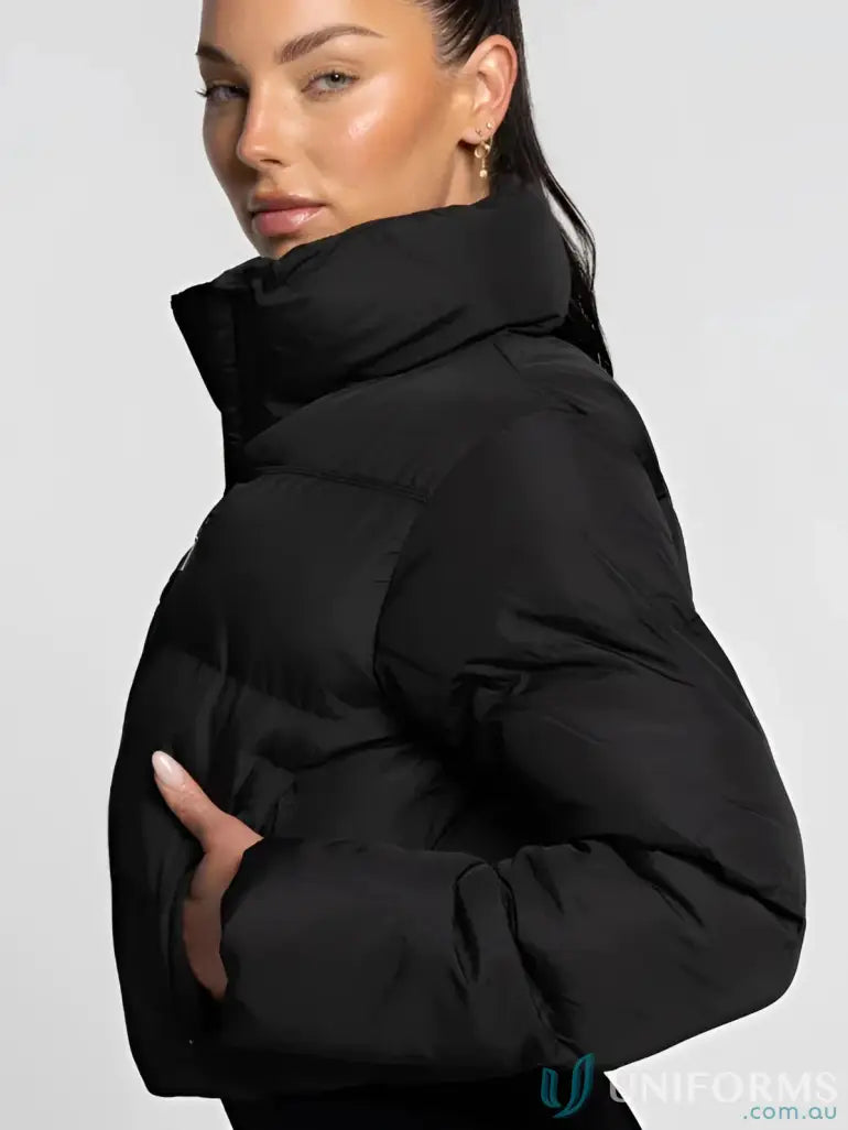 Black Short Puffer Onyx Jacket with cropped hem and elasticised trim, perfect for uniforms