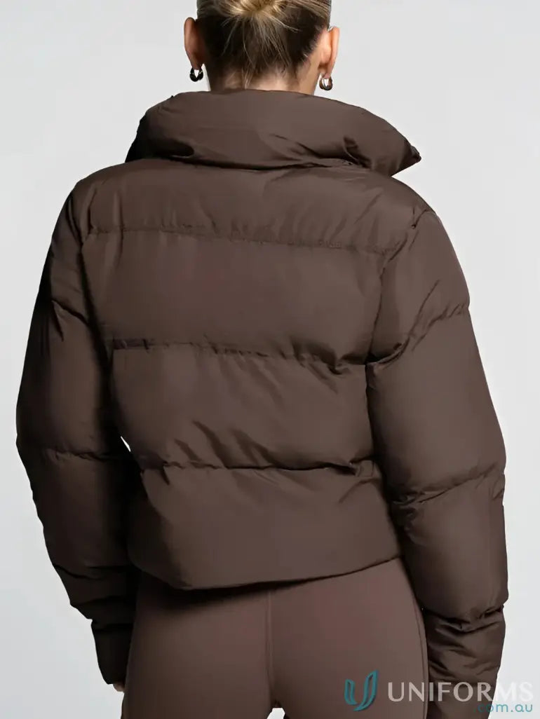 Brown puffer jacket with cropped hem and elasticised trim, perfect for uniforms