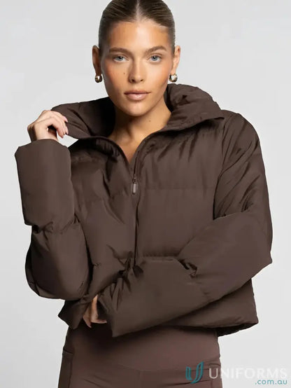 Brown Puffer Jacket with cropped hem and elasticized trim for stylish uniforms