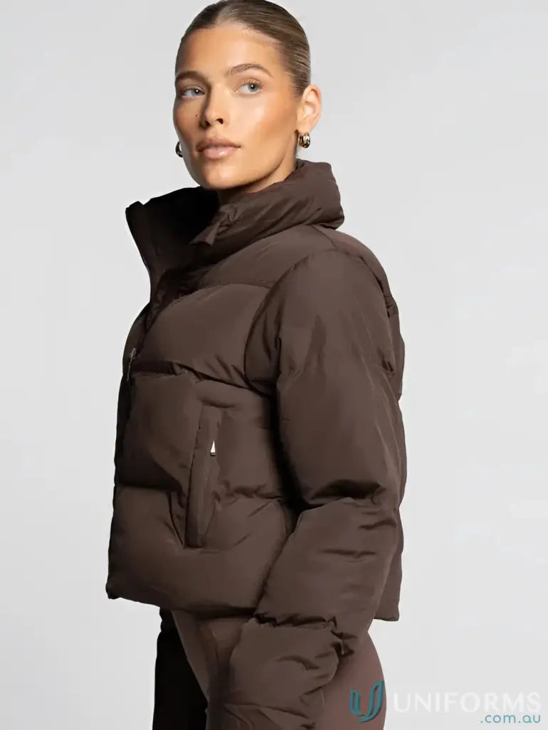 Brown puffer jacket with cropped hem and elasticised trim perfect for uniforms