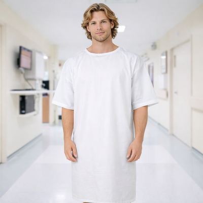 White short-sleeve patient gown for aged care facilities
