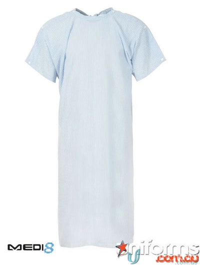 Light blue striped Seersucker Gown with Shoulder Studs perfect to stay cool