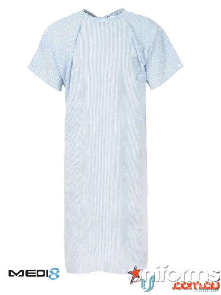 Light blue striped Seersucker Gown with Shoulder Studs perfect to stay cool