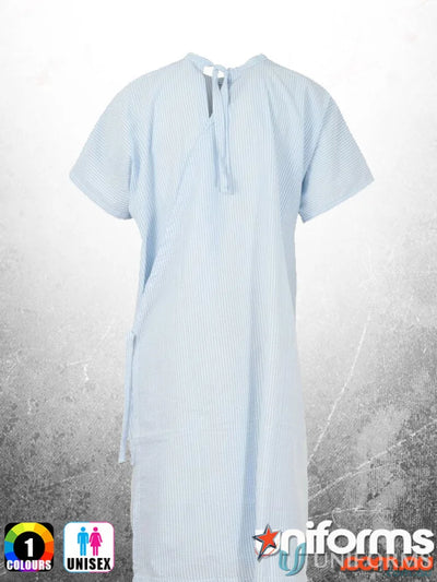 Light blue striped seersucker gown with shoulder studs, perfect to stay cool in hospital