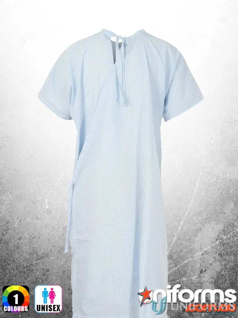 Light blue striped seersucker gown with shoulder studs, perfect to stay cool in hospital