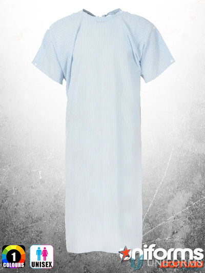 Light blue striped seersucker gown with shoulder studs perfect to stay cool in hospital