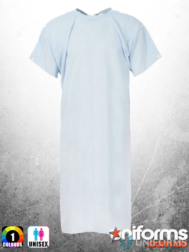 Light blue striped seersucker gown with shoulder studs perfect to stay cool in hospital