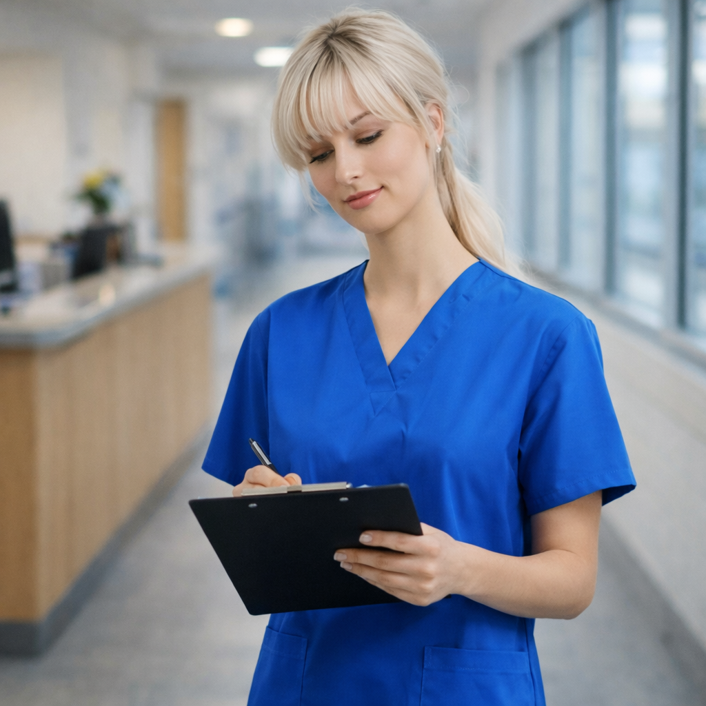 Sien Ladies blue scrub top in womens classic scrub with natural stretch fabric