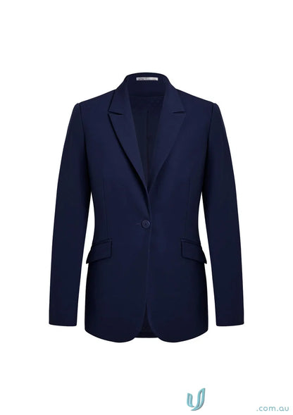 Navy blue single-button blazer.