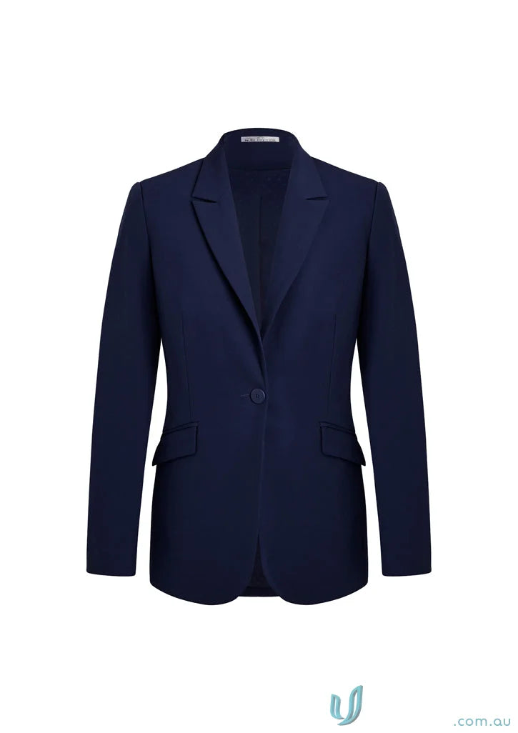 Navy blue single-button blazer.