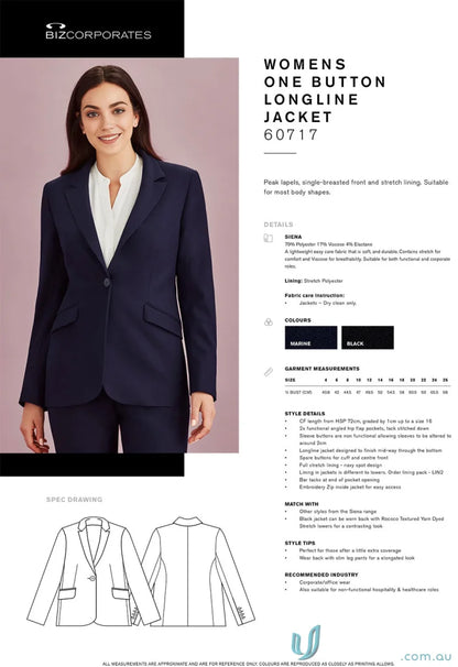 Women’s Siena Longline Jacket showcasing stylish one-button design from Biz Collection Siena