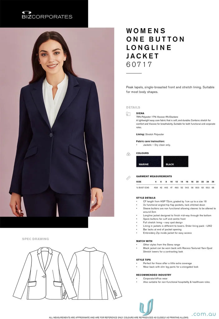 Women’s Siena Longline Jacket showcasing stylish one-button design from Biz Collection Siena