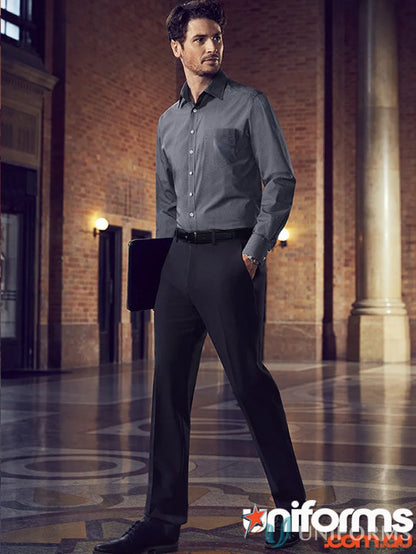 Men’s Siena Slimline pant with gray dress shirt and 4cm hem allowance