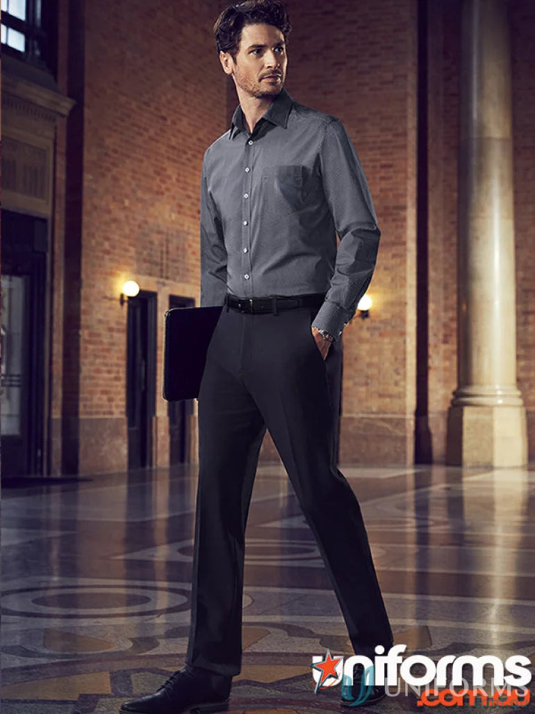 Men’s Siena Slimline pant with gray dress shirt and 4cm hem allowance