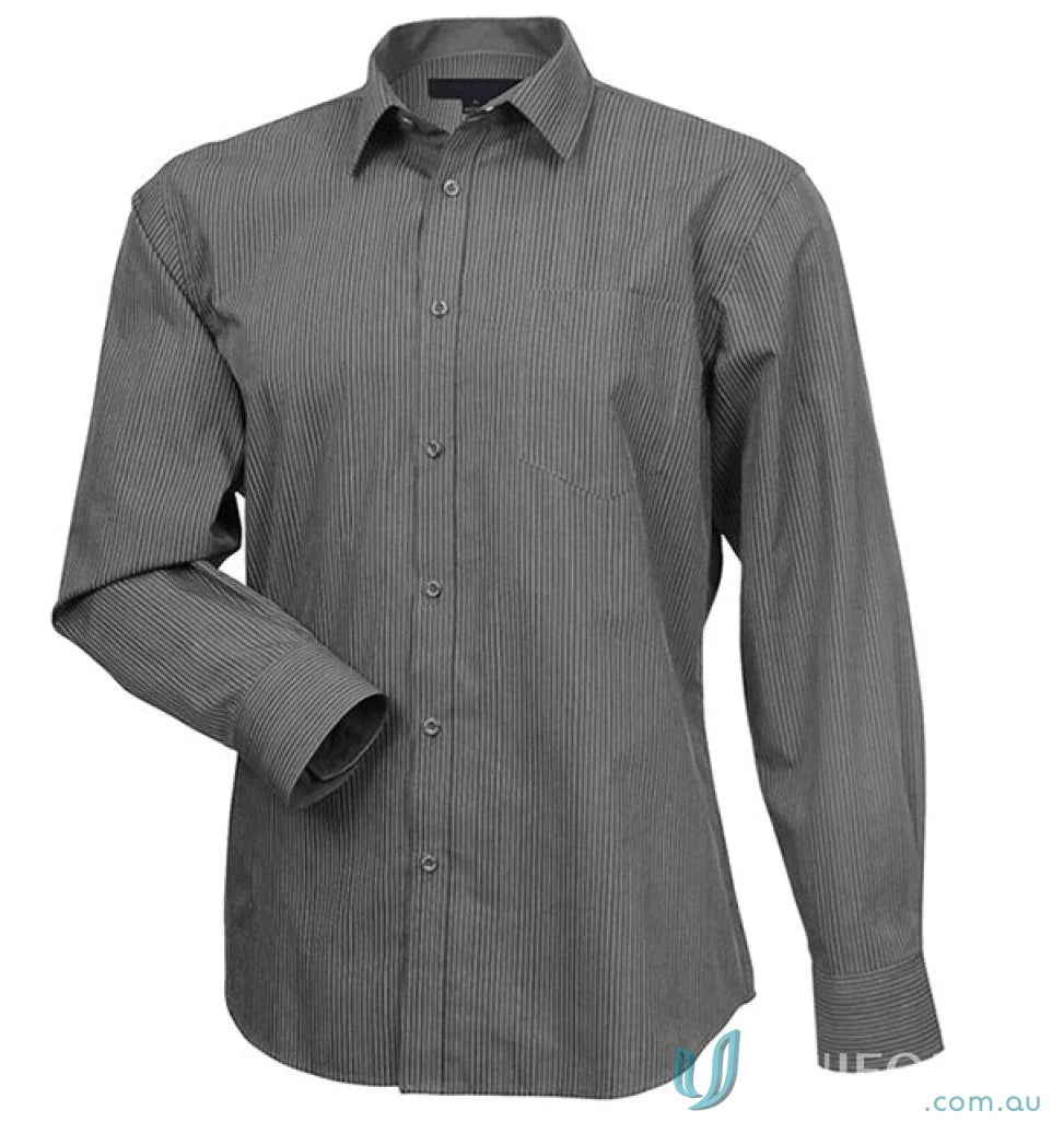 Men’s charcoal grey long-sleeve dress shirt with thin vertical stripes from SilverTech LS Shirts, SilverTech 2036L, featuring Cool Dry® technology