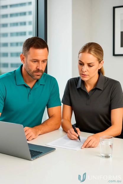 Two people reviewing a document in SilverTech Polo men’s short sleeve polo for medical uniforms
