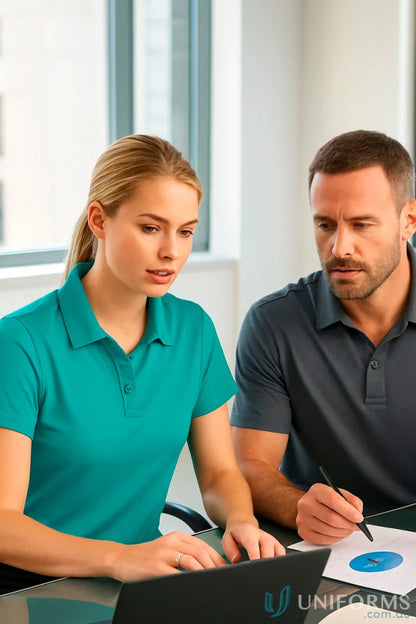 Two men in SilverTech Polo men’s short sleeve polos analyzing a pie chart on a laptop