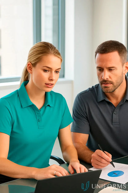 Two men in SilverTech Polo men’s short sleeve polos working on a laptop with a pie chart