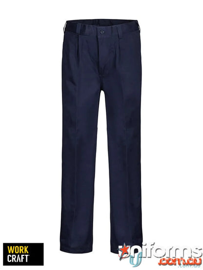 Navy blue pleated cotton pant with reinforced stress points and workcraft single pleat design