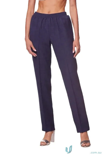 Navy blue elastic waist pants from Slim Leg Linen Look Trousers for comfortable wear