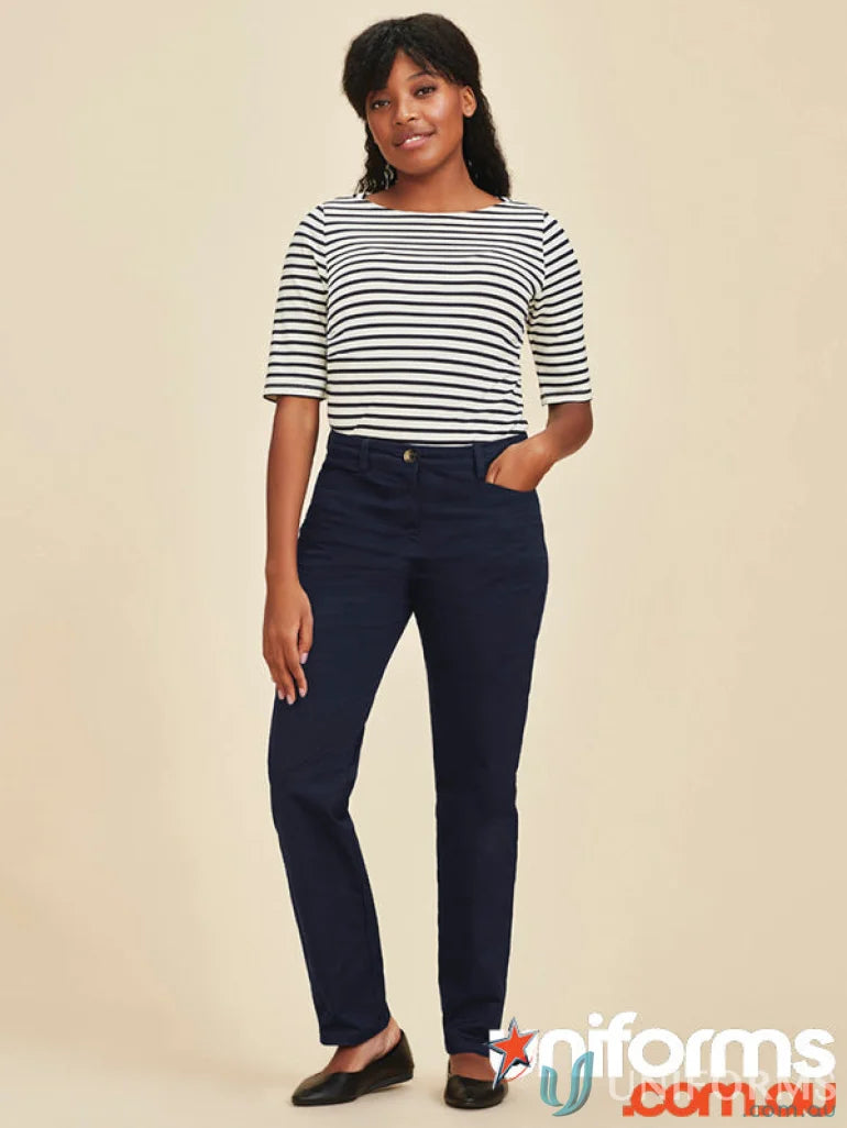 Woman in striped top and navy pants wearing Slim Leg Traveller Stretch Chino Pant RGP263L