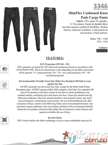 SlimFlex denim jeans with cushioned knee pads, eco-friendly Oeko-Tex Standard green dye