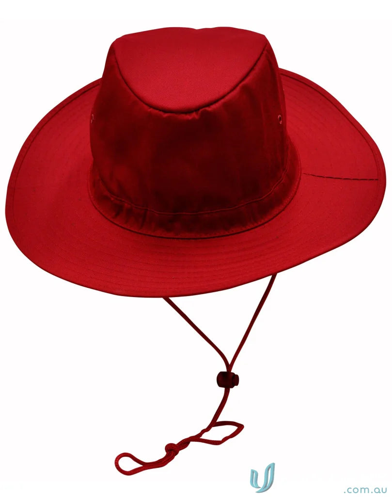 Red sun hat with chin strap for sun protection, perfect for hiking or outdoor fun