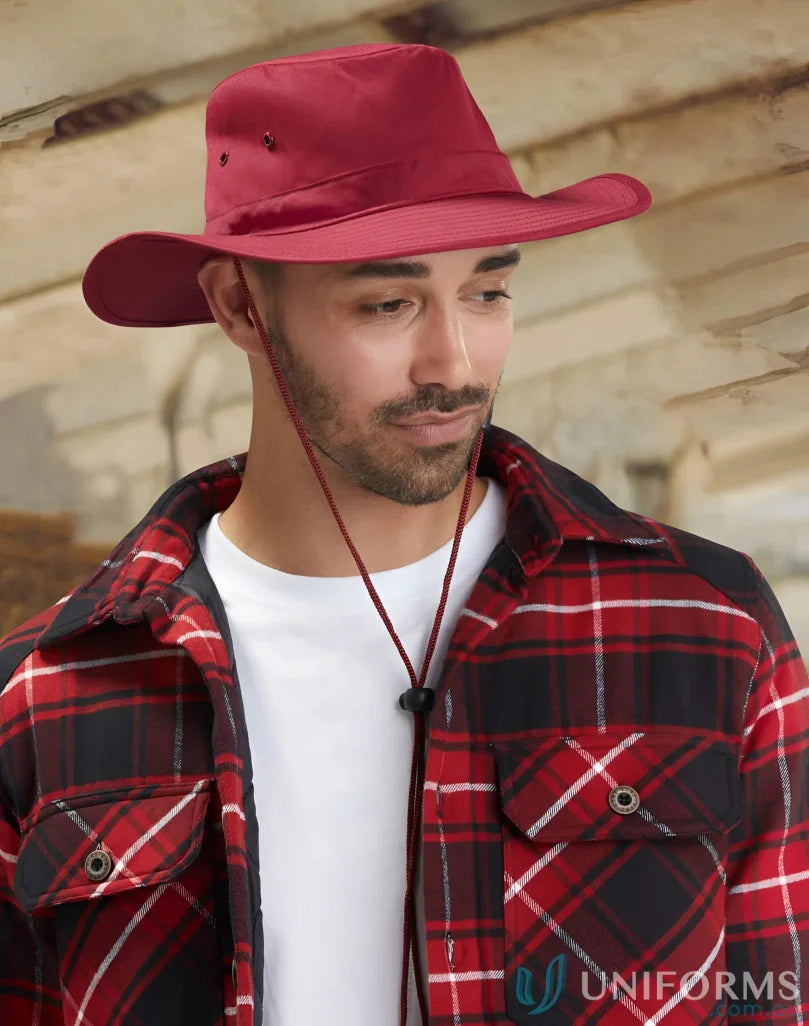 Red wide-brimmed hat showing H1026 Slouch and Winning Spirit Slouch for sun protection