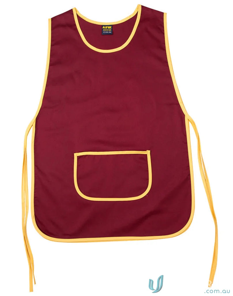 Maroon apron with yellow trim from the winning spirit smock, AP05 ladies smock apron
