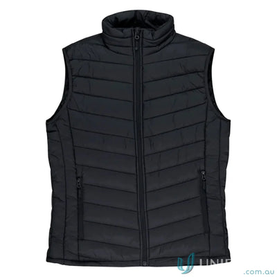 Black quilted puffer vest from Snowy Kids Vests, perfect for uniforms and workwear