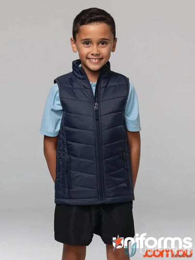 Child’s navy puffer vest from Snowy Kids Vests, perfect for snowy days and uniforms