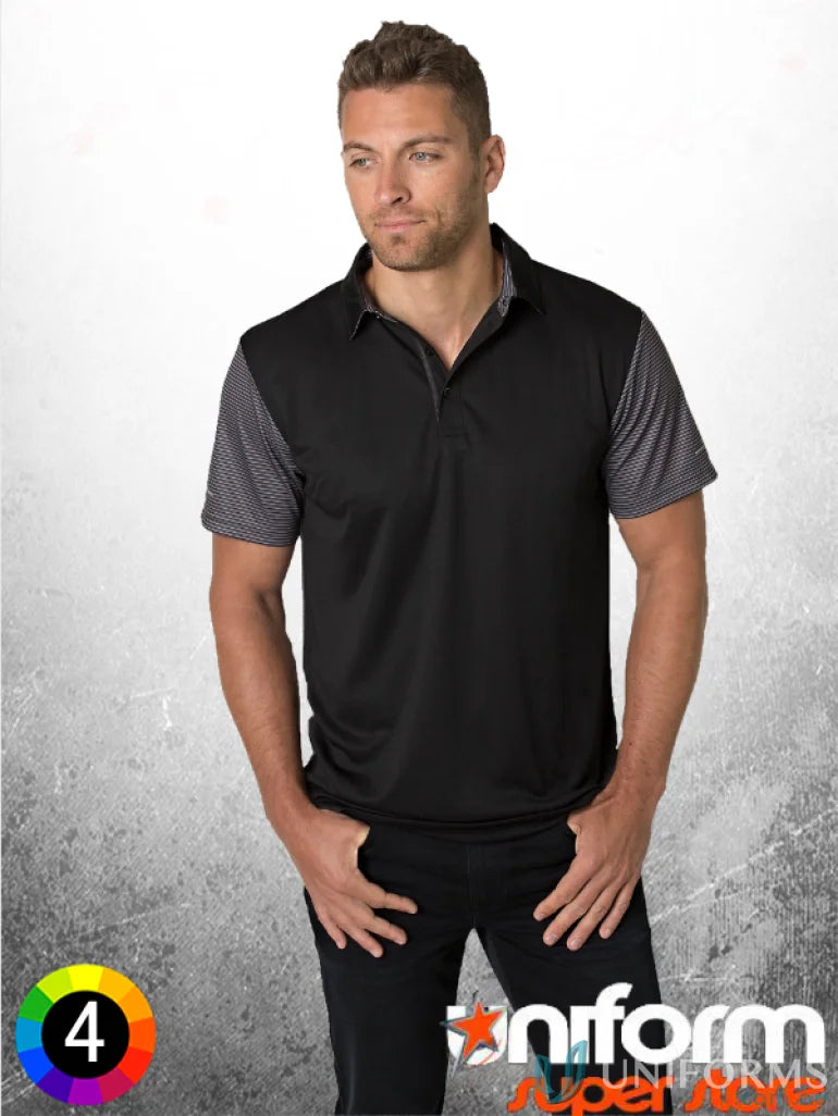 Black polo shirt with patterned sleeves from Soft Touch Contrast Polo, cooldry polyester tech