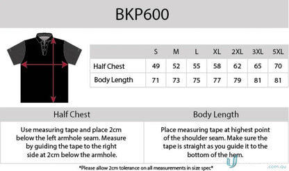 Clothing size chart for Soft Touch Contrast Polo with aegis microbe shield and cooldry polyester
