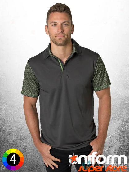 Gray polo shirt with patterned sleeves, Soft Touch Contrast Polo, featuring Polyester CoolDry and Aegis Microbe Shield for fresh comfort