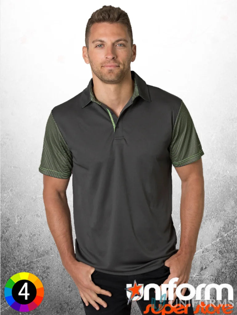 Gray polo shirt with patterned sleeves, Soft Touch Contrast Polo, featuring Polyester CoolDry and Aegis Microbe Shield for fresh comfort