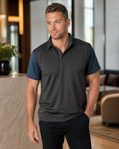 Male model wearing Soft Touch Contrast Polo