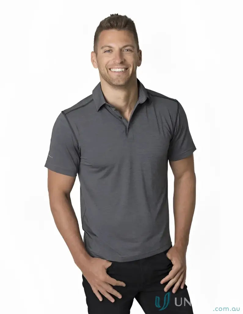Man in gray Polo Shirt made with Soft Touch fabric and CoolDry Technology