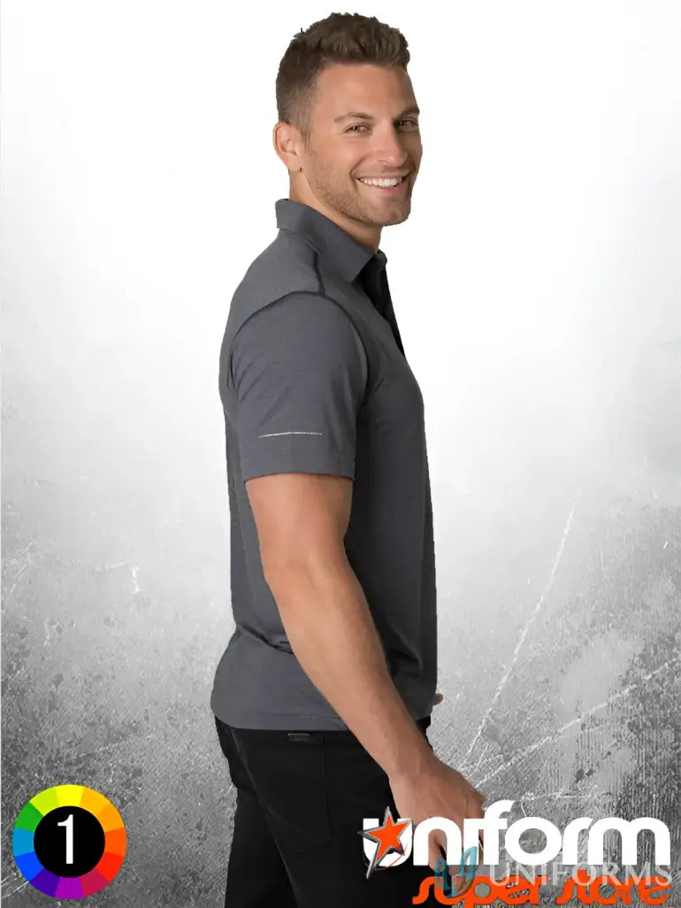 Gray short-sleeved polo shirt featuring Soft Touch, CoolDry Technology, and Aegis Microbe Shield
