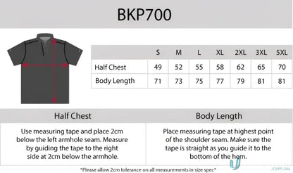 Soft Touch Polo size chart with aegis microbe shield and CoolDry technology info