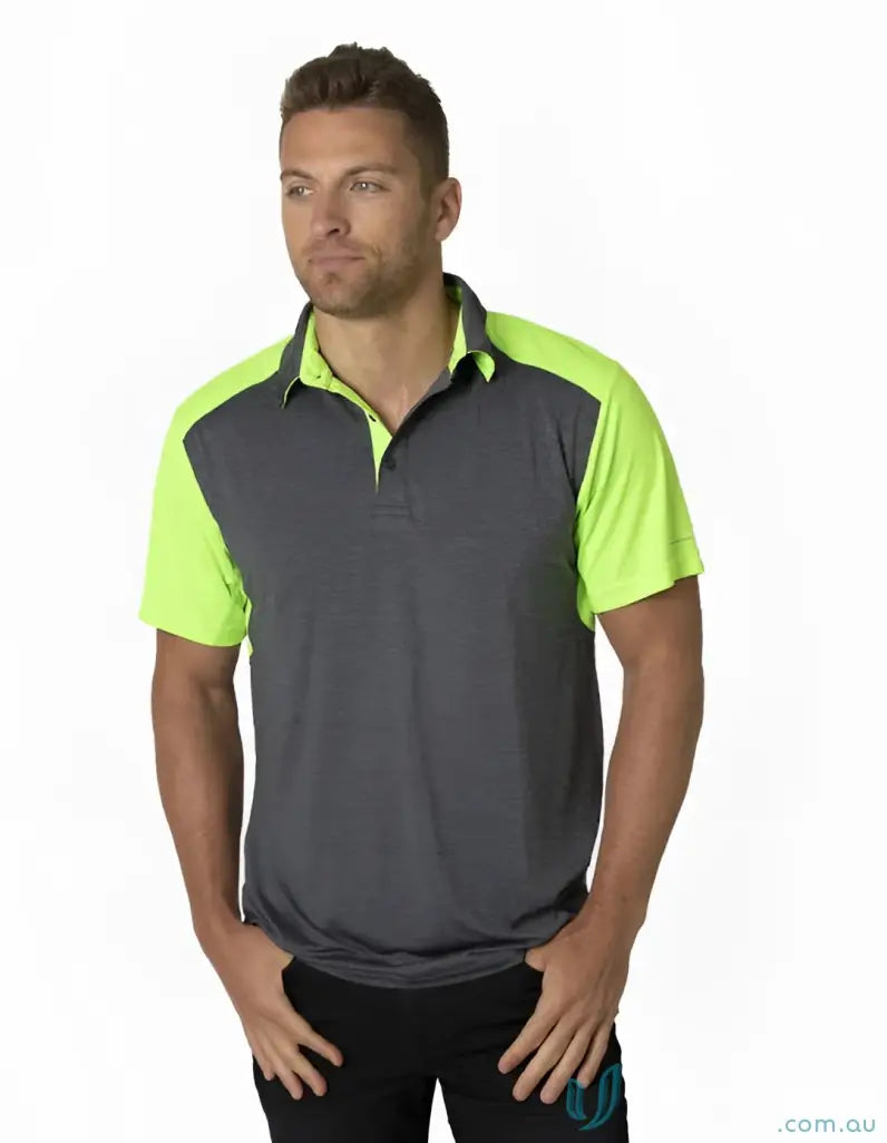 Men’s dark grey neon green Soft Touch Shoulder Polo with aegis microbe shield and cooldry moisture management