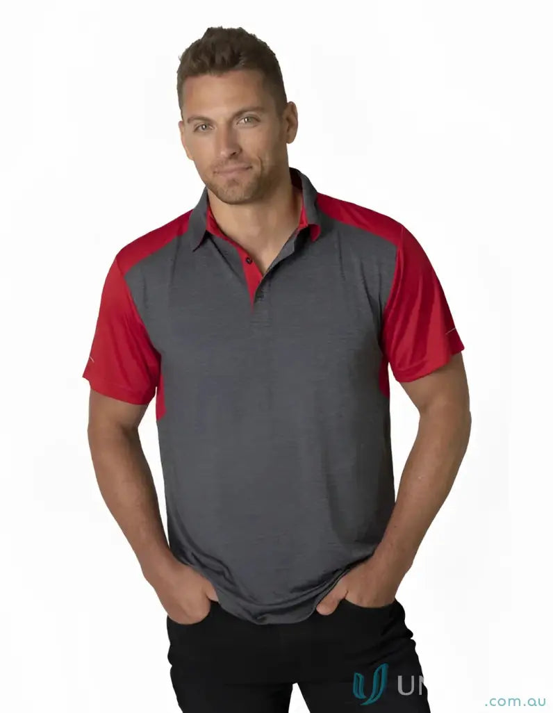 Men’s gray and red collared polo shirt with soft touch and cooldry moisture tech